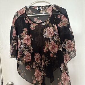 SHEIN Black and Pink Floral Sheer Blouse